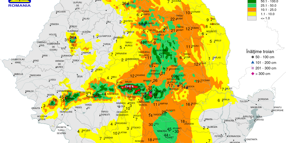 HARTA zonelor din România cu cel mare strat de zăpadă după viscol. Care sunt cele mai afectate zone