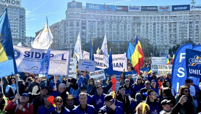 Sindicaliștii MERIDIAN blochează Piața Victoriei. Protest de Ziua Siguranței la Muncă