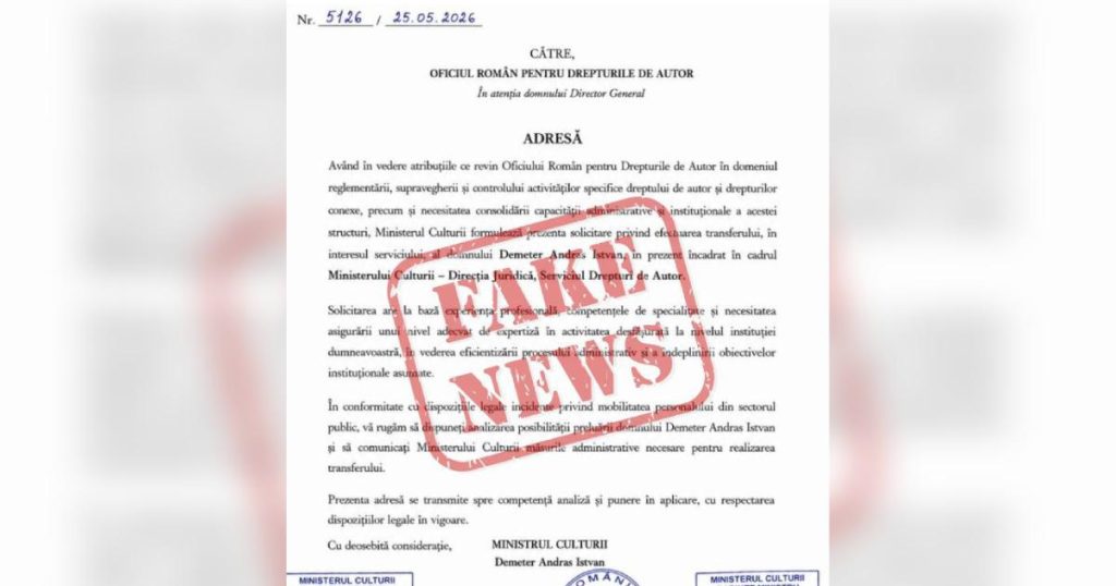 Ministerul Culturii a dezmințit miercuri un document fals care circula în spațiul public, prin care ar fi solicitat transferul ministrului Demeter Andras Istvan la Oficiul Român pentru Drepturile de Autor (ORDA)