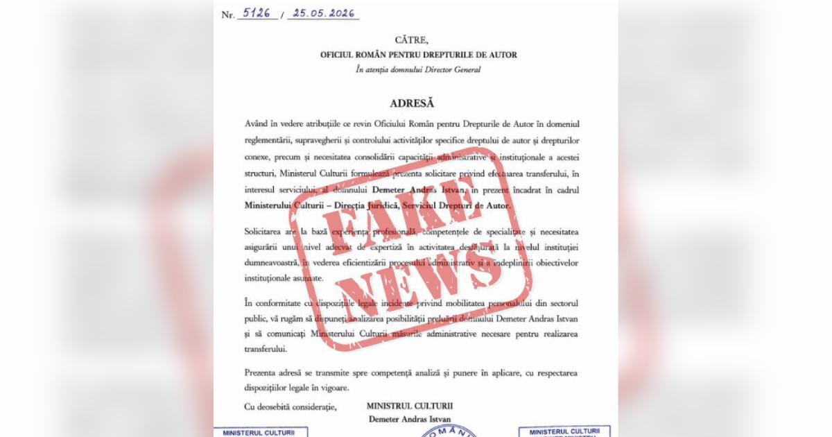 Ministerul Culturii a dezmințit miercuri un document fals care circula în spațiul public, prin care ar fi solicitat transferul ministrului Demeter Andras Istvan la Oficiul Român pentru Drepturile de Autor (ORDA)