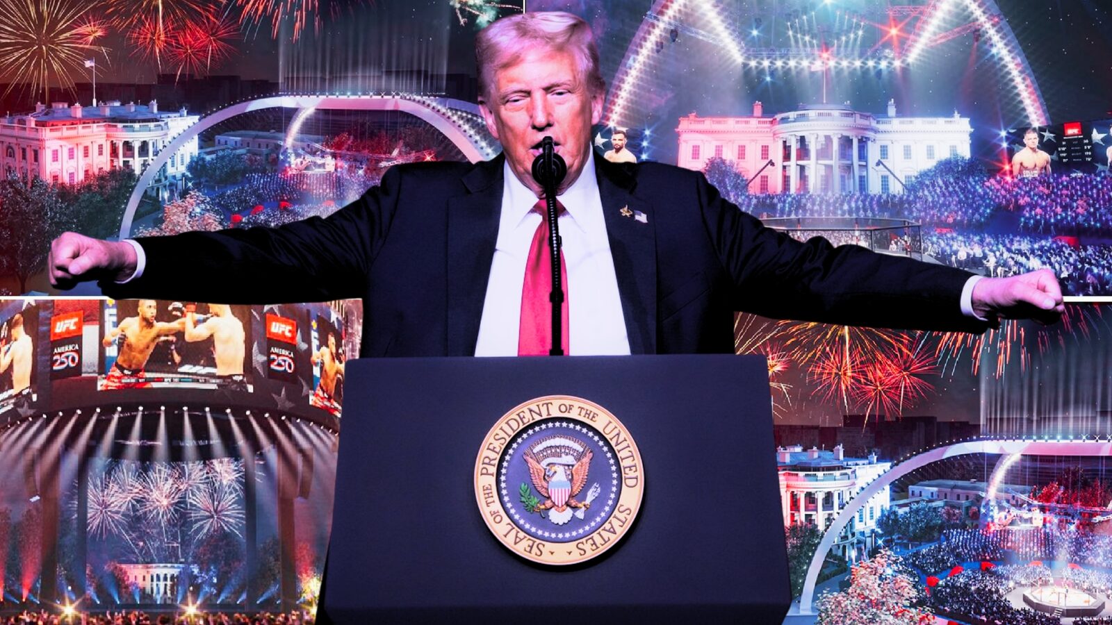 Trump dă o „petrecere” neconvențională de ziua sa: Lupte în cuști pe peluza Casei Albe Cu prilejul aniversării a 80 de ani, președintele american Donald Trump transformă peluza sudică a Casei Albe într-o arenă pentru un spectacol de arte marțiale mixte (MMA)