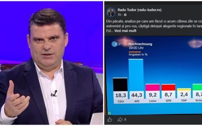 Afirmațiile alarmiste ale lui Radu Tudor despre Rusia și alegerile din Germania Prezentatorul TV RADU TUDOR a reacționat vehement la victoria partidului Alternativa pentru Germania (AfD) în alegerile regionale din Saxonia-Anhalt, invocând din nou teoriile sale despre o presupusă strategie secretă a RUSIEI