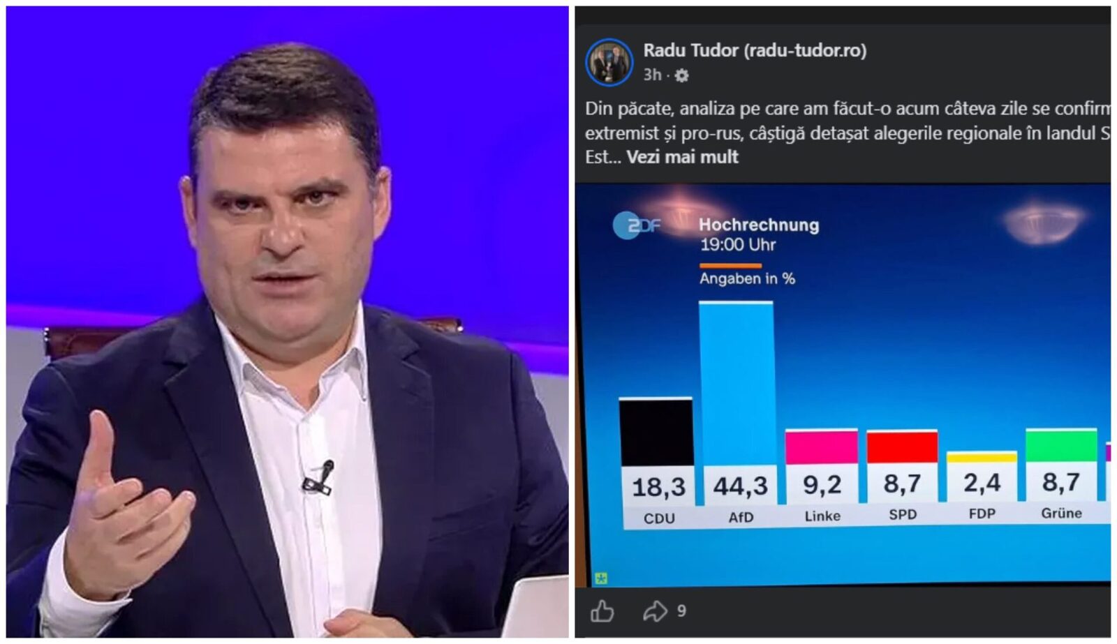Afirmațiile alarmiste ale lui Radu Tudor despre Rusia și alegerile din Germania Prezentatorul TV RADU TUDOR a reacționat vehement la victoria partidului Alternativa pentru Germania (AfD) în alegerile regionale din Saxonia-Anhalt, invocând din nou teoriile sale despre o presupusă strategie secretă a RUSIEI