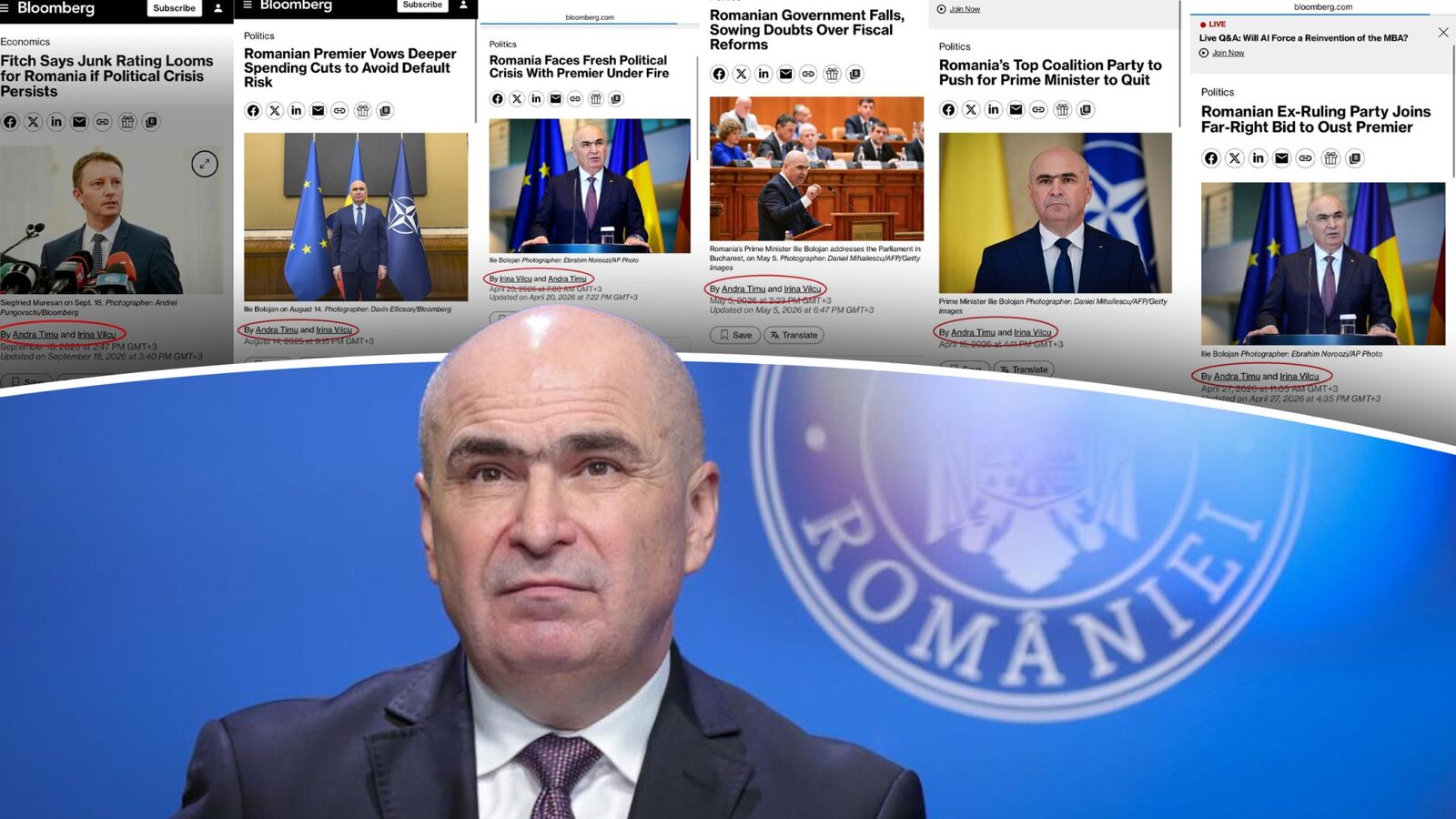 Jurnaliste românce, pe simeze la Bloomberg, țintesc Guvernul Mureșan Numele a două jurnaliste românce, Andra Timu și Irina Vilcu, revin în prim-plan într-un moment critic pentru formarea noului Guvern de la București, ridicând semne de întrebare asupra sincronizării și scopului demersurilor mediatice