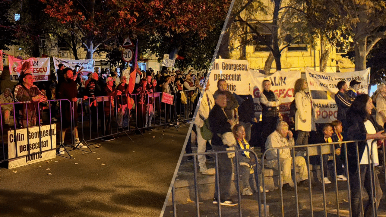 Protest în fața Arestului Central, a noua seară consecutiv Aproximativ 150 de persoane s-au adunat, miercuri seară, pentru a noua zi la rând, în fața Arestului Central din București, protestând față de arestarea preventivă a lui CĂLIN GEORGESCU